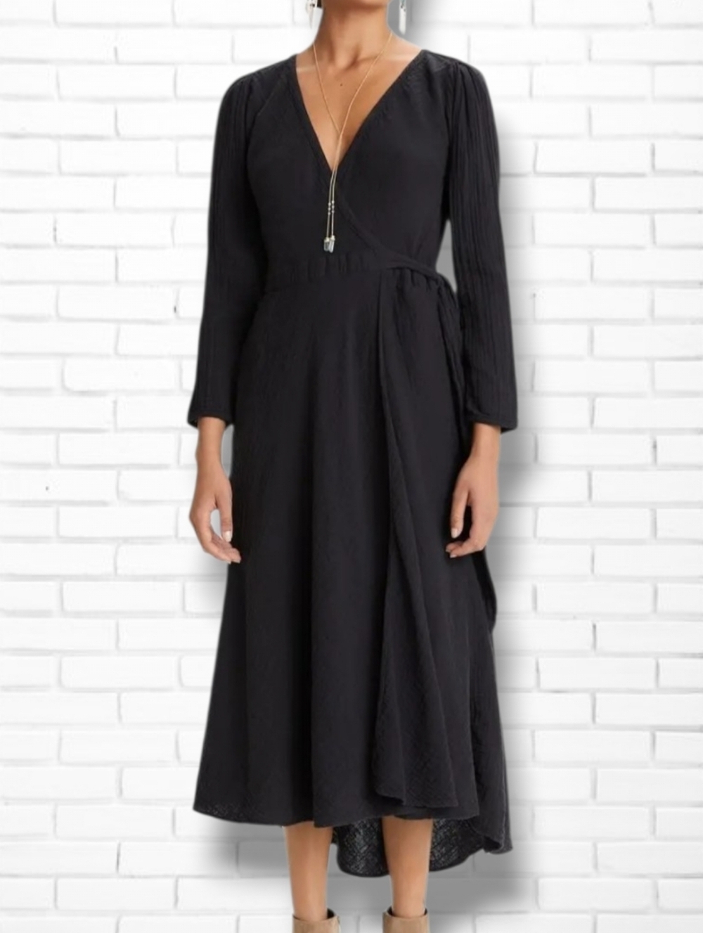 Xirena Reece Black Gauze Slub Cotton Long Sleeve V Neck Maxi Dress Size XS